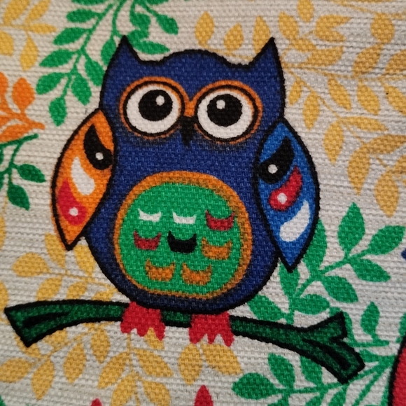 Canvas tote travel market bag owls rope handle zip closure red green yellow blue - Picture 3 of 12